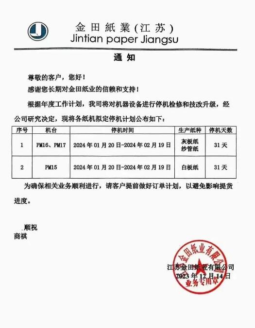 金田紙業三大基地發布春節停機檢修計劃