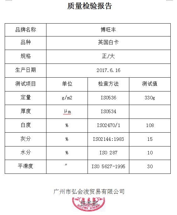 質檢報告  英國白卡 330g