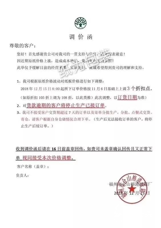 12月第二輪漲價蔓延！福建、浙江等地紙廠、紙板廠、紙箱廠紛紛發布漲價函！