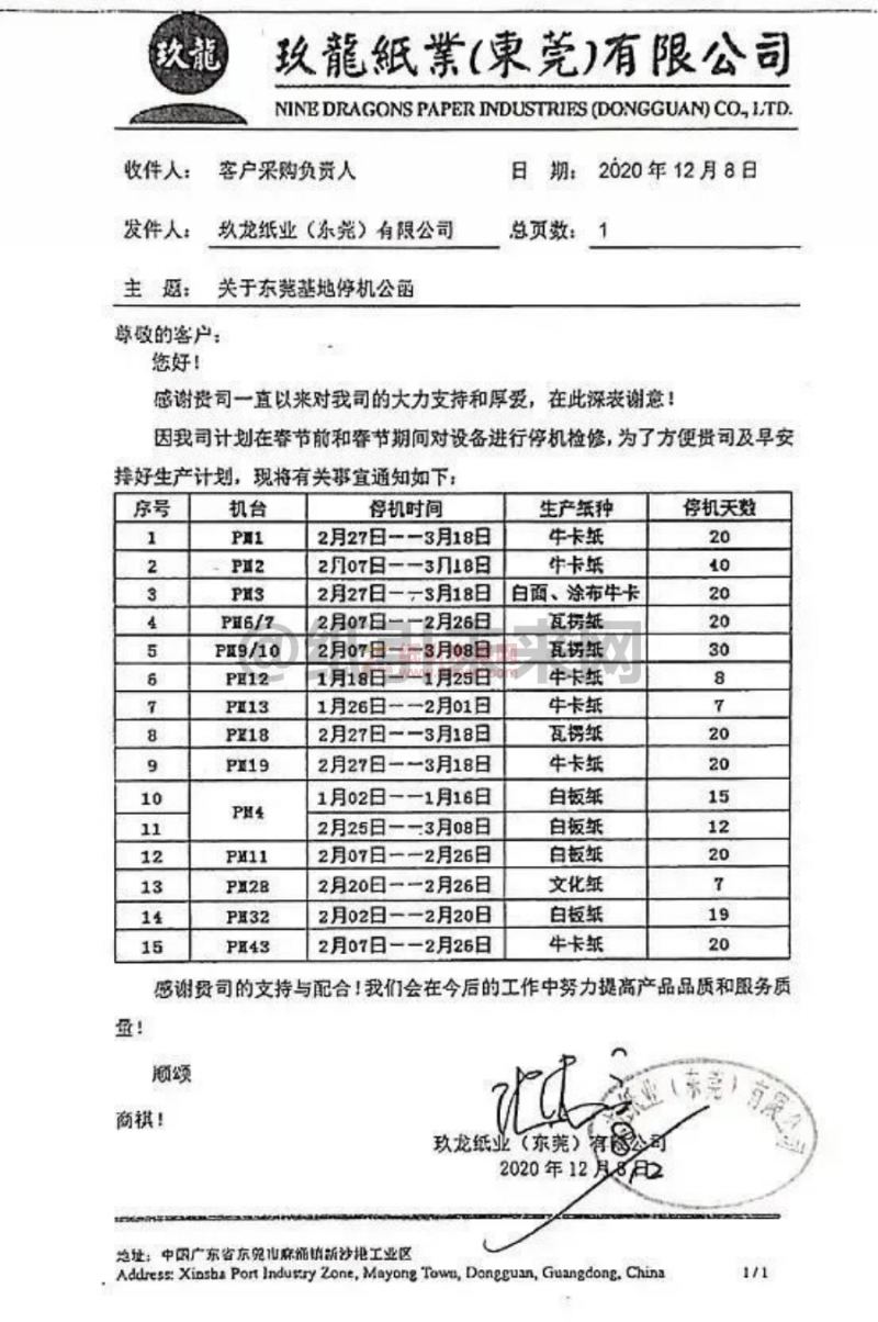 2021年東莞玖龍紙業春節停機檢修計劃